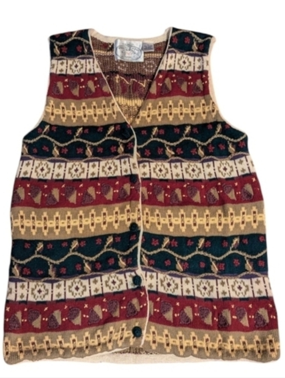Vtg 90s Eagle's Eye novelty knit neutral colors Cottage sweater vest sz L